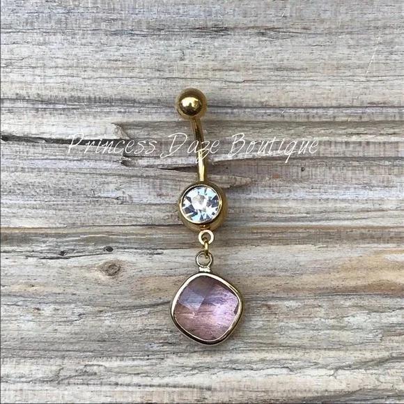 Gold Pink Faceted Glass Crystal Belly Button Ring - Picture 1 of 1